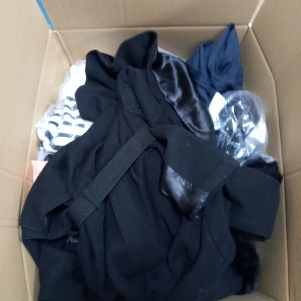 BOX OF ASSORTED CLOTHING ITEMS TOO INCLUDE JUMPERS, SHIRTS AND TROUSERS IN VARIOUS SIZES AND COLOURS   