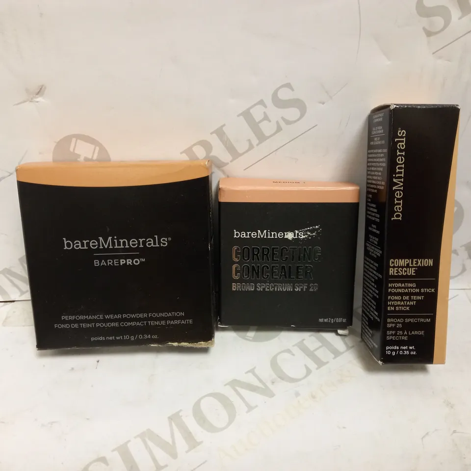 LOT OF 3 BAREMINERALS MAKEUP PRODUCTS TO INCLUDE BAREPRO POWDER FOUNDATION - SANDALWOOD 15, CORRECTING CONCEALER - MEDIUM 1, HYDRATING FOUNDATION STICK - DUNE 7.5