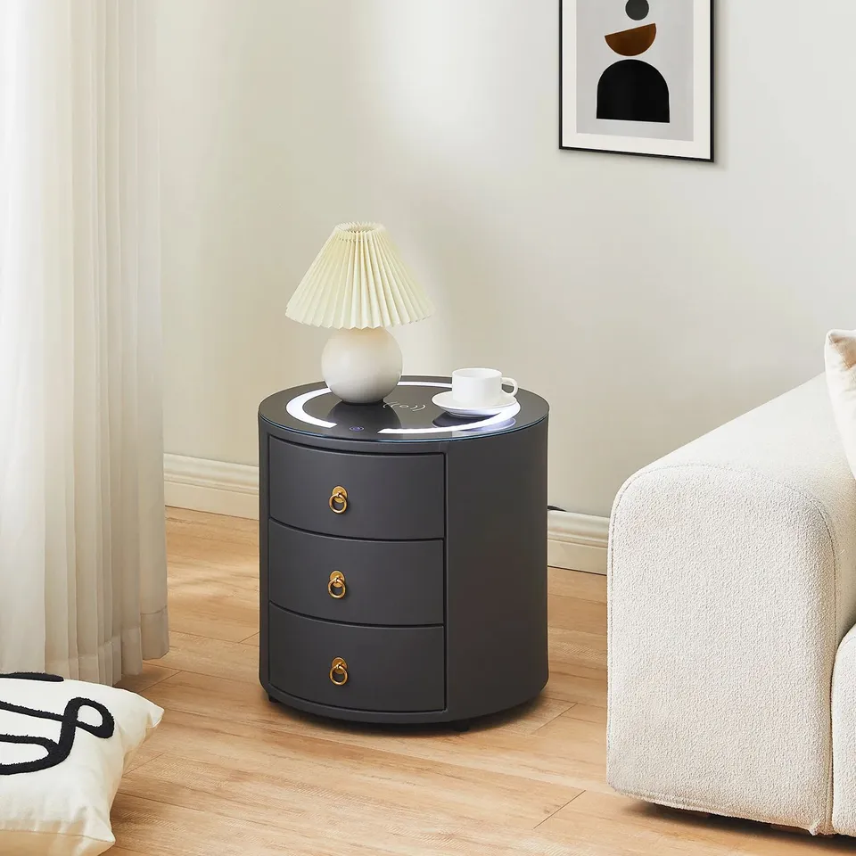 BOXED BROOKLINE LED LIGHT BEDSIDE TABLE/CHARGING STATION IN BLACK