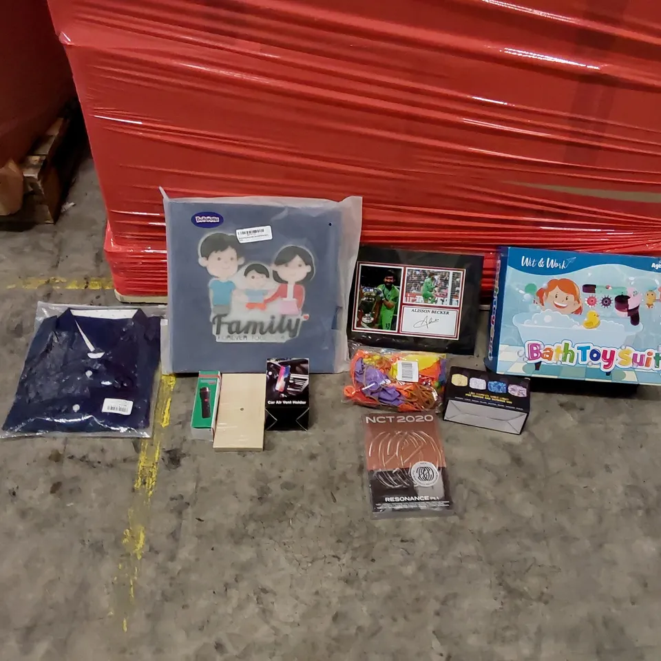 PALLET OF ASSORTED ITEMS INCLUDING: SIGNED FOOTBALL POSTERS, CHILDREN'S TOYS, TORCHES, BABY RECORD BOOK, BALLOONS, PHONE CASE, CAR PHONE MOUNT, BOOKS, COPPER WIRE LIGHT