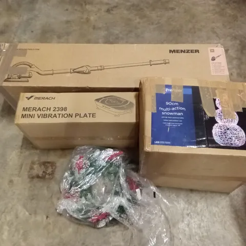 PALLET OF ASSORTED HOUSEHOLD GOODS AND PRODUCTS TO INCLUDE; DRYWALL SANDER, MINI VIBRATION PLATE, CHRISTMAS DECORATIONS ETC