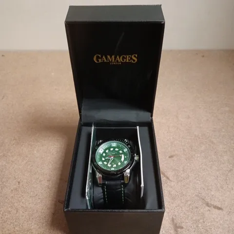 GAMAGES LONDON ADVENTURER LIMITED EDITION WRISTWATCH – GREEN DIAL, BLACK LEATHER STRAP (BOXED)