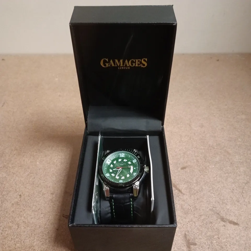 GAMAGES LONDON ADVENTURER LIMITED EDITION WRISTWATCH – GREEN DIAL, BLACK LEATHER STRAP (BOXED)