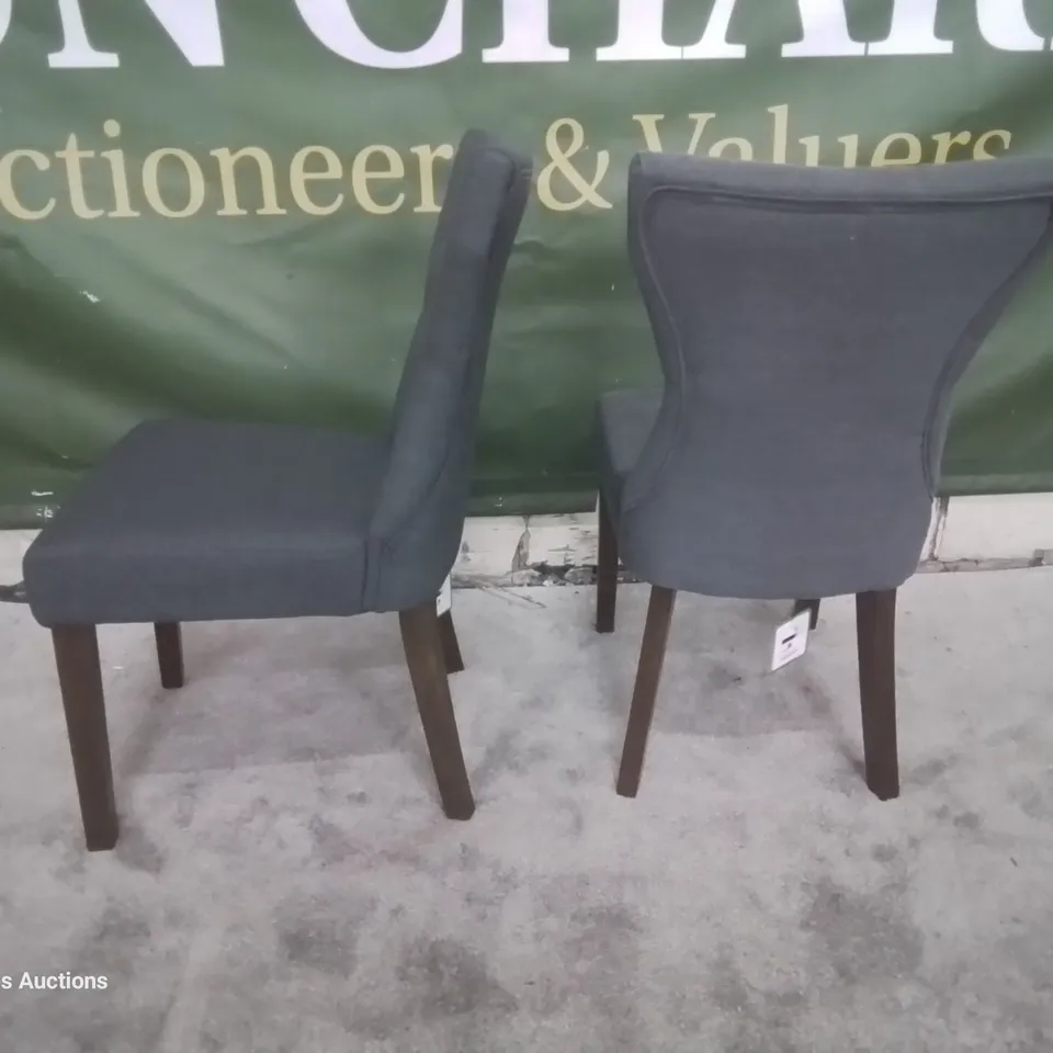 PAIR BEWLEY SLATE FABRIC BUTTONED BACK DINING CHAIRS DARK LEGS 
