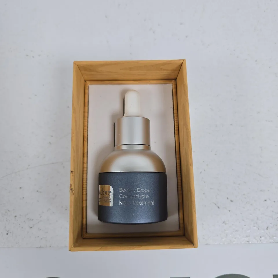ADORE BEAUTY DROPS CONCENTRATE NIGHT TREATMENT – SERUM, BOXED IN A WOODEN PRESENTATION BOX