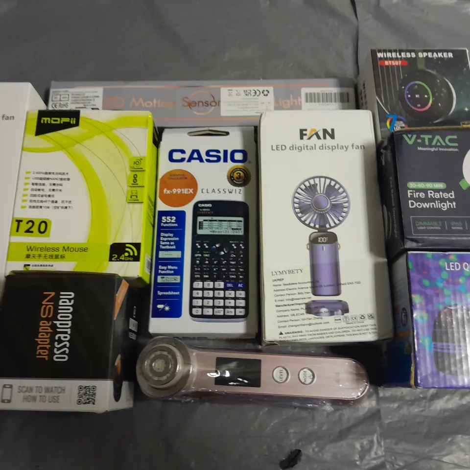 LOT OF 10 ASSORTED HOUSEHOLD ITEMS TO INCLUDE LED FAN, FIRE RATED DOWNLIGHT, WIRELESS SPEAKER AND CASIO CALCULATOR