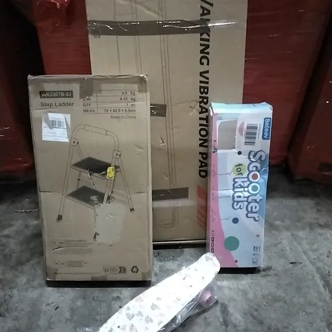 PALLET OF HOUSEHOLD ITEMS TO INCLUDE step ladder, walking vibration pad,kids scooter, skateboard and other assorted items....