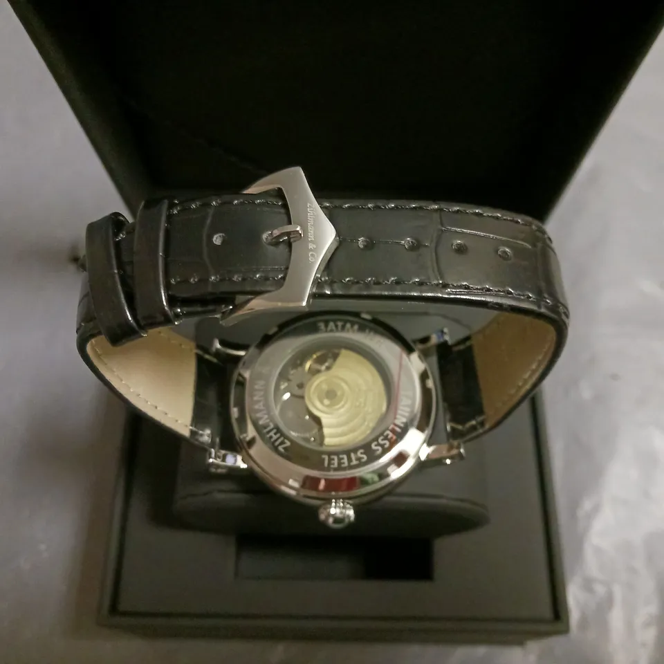 ZIHLMANN & CO STAINLESS STEEL AUTOMATIC MOONPHASE WATCH WITH BLACK LEATHER STRAP IN BOX