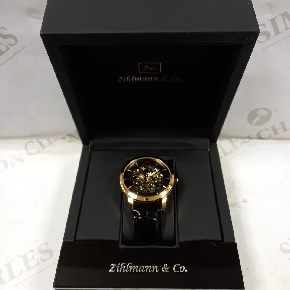 MENS ZIHLMANN & CO AUTOMATIC WATCH - Z210 – SKELETON DIAL – GOLD COLOUR CASE – GENUINE LEATHER CASE – HAND ASSEMBLED