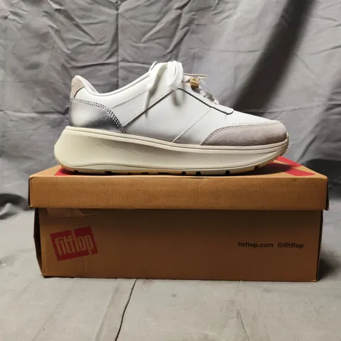 BOXED PAIR OF FITFLOP F-MODE FLATFORM SNEAKERS IN WHITE/SILVER SIZE UK 5