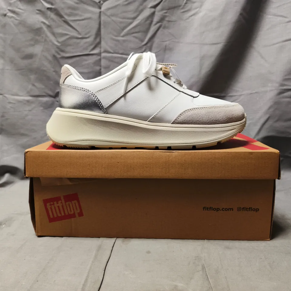 BOXED PAIR OF FITFLOP F-MODE FLATFORM SNEAKERS IN WHITE/SILVER SIZE UK 5
