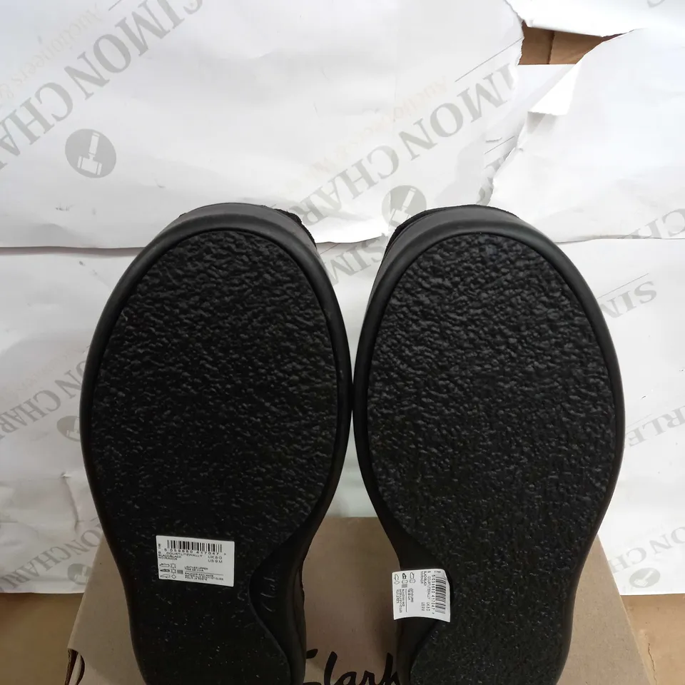 BOXED PAIR OF CLARKS BLACK SUEDE LOAFERS SIZE 8