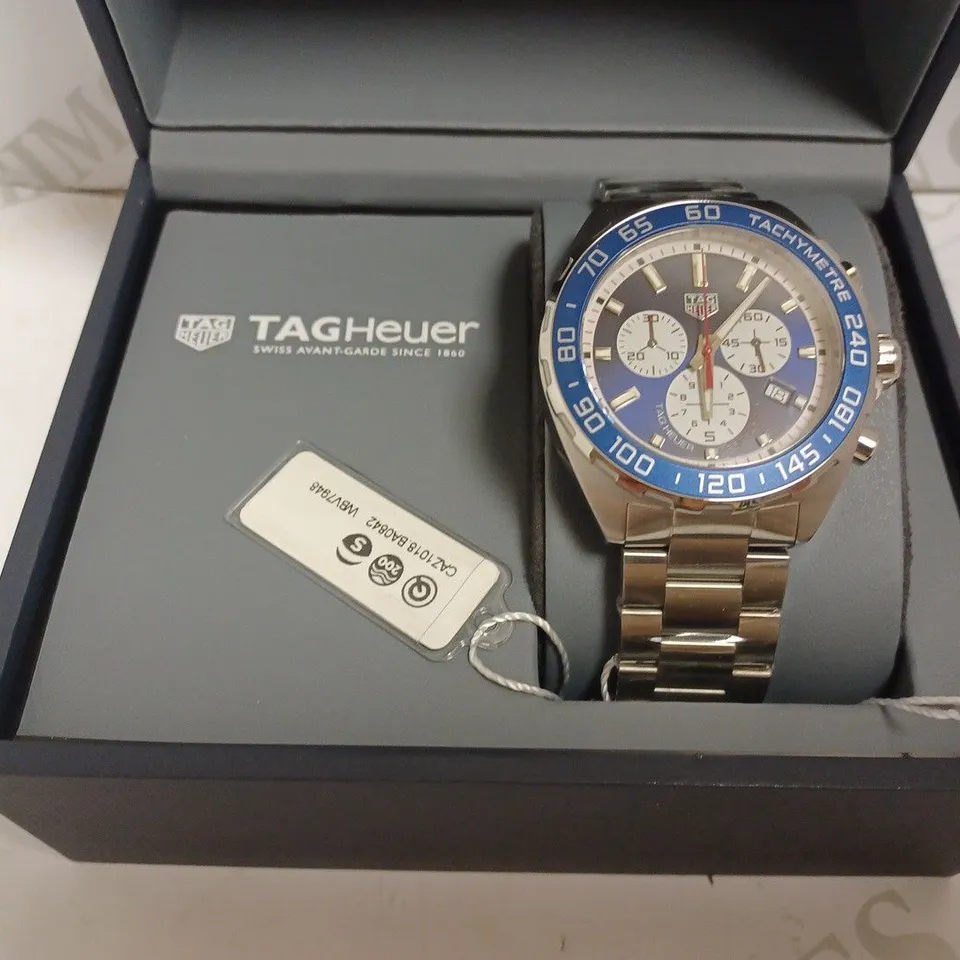 TAG HEUER TACHYMETER TRIPLE DIAL SILVER WATCH WITH BLUE FACE