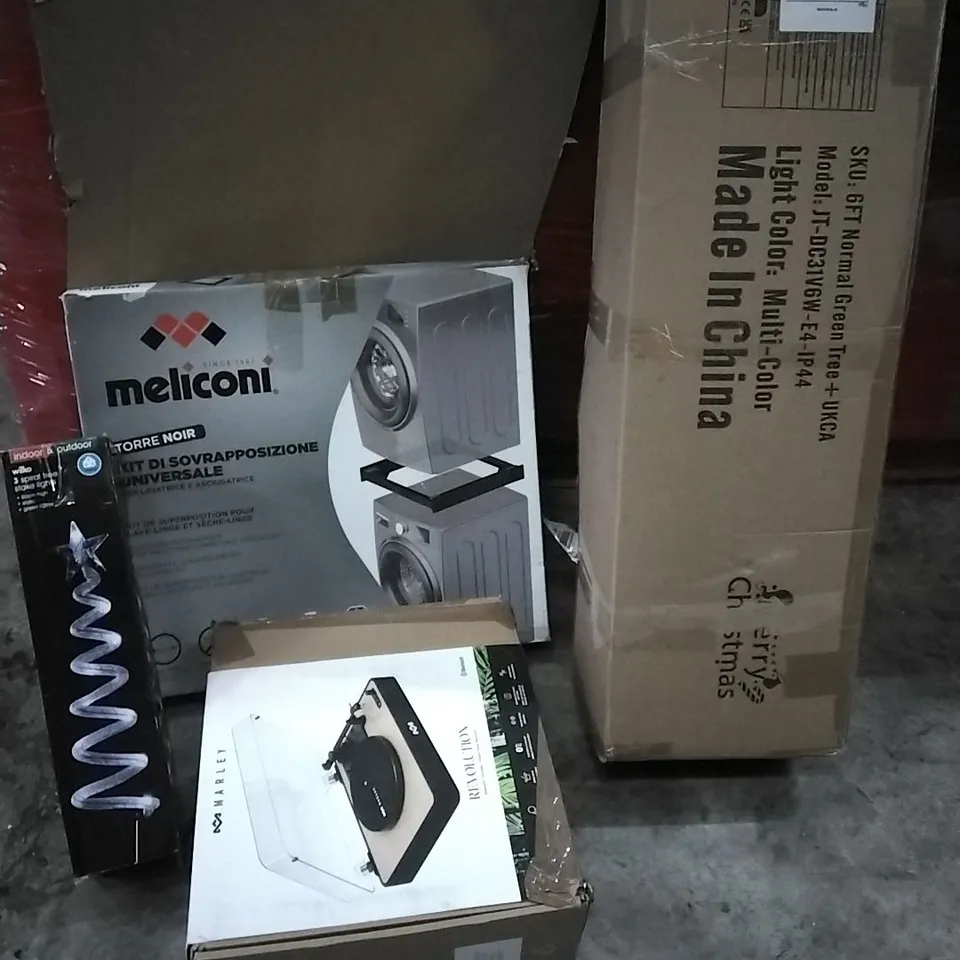 PALLET OF HOUSEHOLD ITEMS TO INCLUDE MELICONI TORRE NOIR UNIVERSAL WASHER-DRYER STACKING KIT, SPIRAL TREE STAKE LIGHT,  REVOLUTION WITH SPEAKERS, 6FT NORMAL GREEN TREE AND OTHER ASSORTED ITEMS....