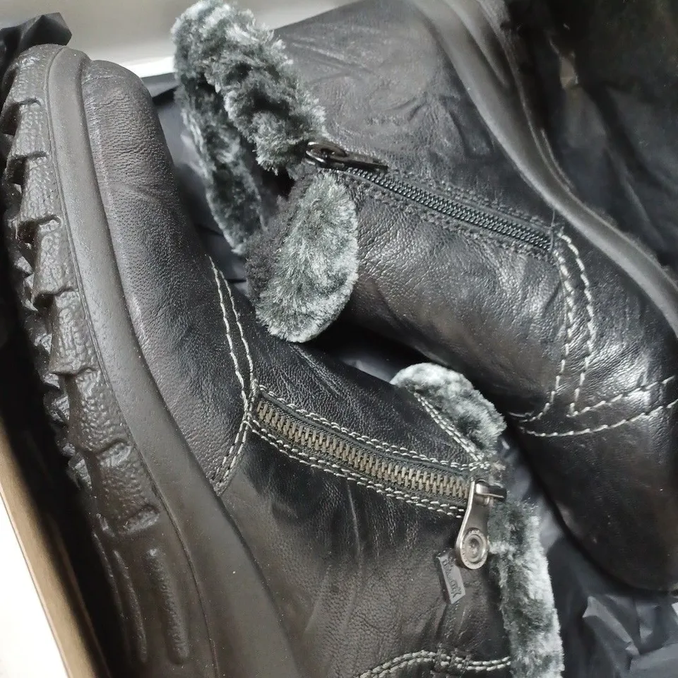BOXED RIEKER ANKLE BOOTS WITH FUR CUFF, BLACK - SIZE 5