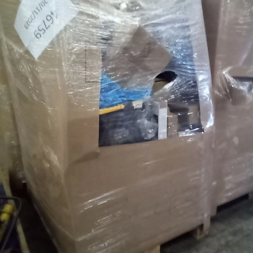 PALLET OF ASSORTED ITEMS INCLUDING GARMENT RACK, GREY PICTURE FRAME, RETRACTABLE SAFETY GATE, ROUND YELLOW LAMPSHADE 