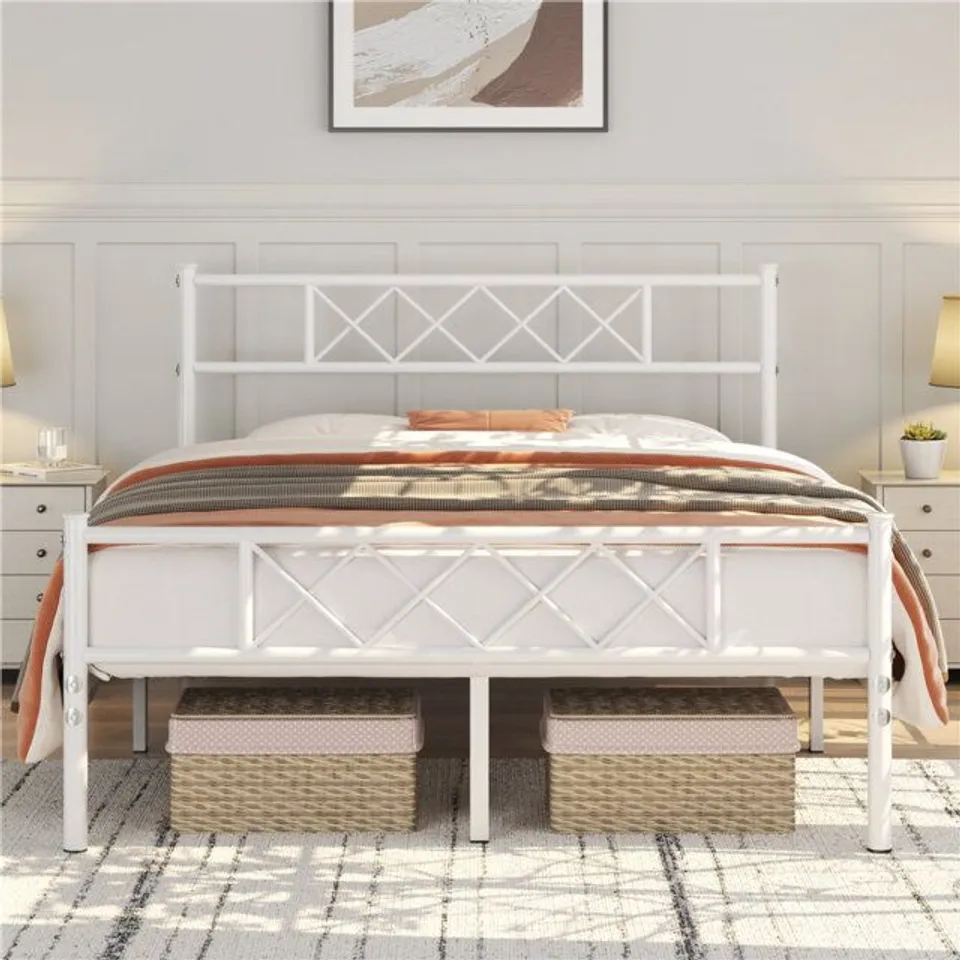 BOXED MODERN METAL BED FRAME WITH CROSS DESIGN HEADBOARD AND FOOTBOARD
