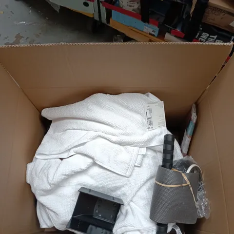 BOX OF APPROXIMATELY 15 ASSORTED PRODUCTS INCLUDING M&S WOVEN HAND TOWEL, SKY WIFI ROUTER AND BLISS & BEYOND MICROFIBRE CLEANING CLOTH