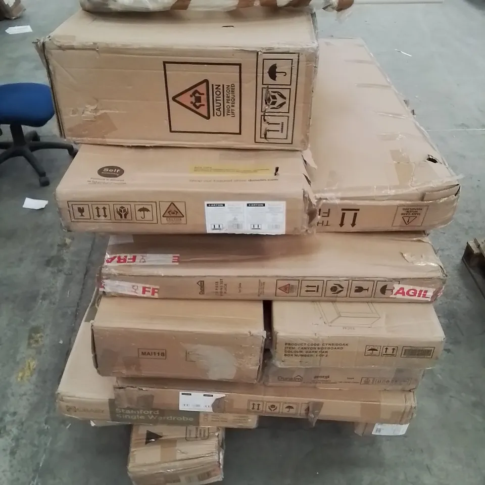 PALLET CONTAINING VARIOUS INCOMPLETE BOXED FURNITURE PARTS AND OTHER HOUSEHOLD ITEMS ETC.