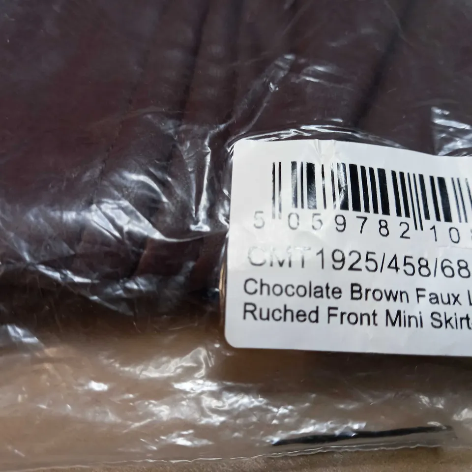 PACKAGED PLT CHOCOLATE FAUX LEATHER RUCHED FRONT MINI SKIRT - SIZE 6