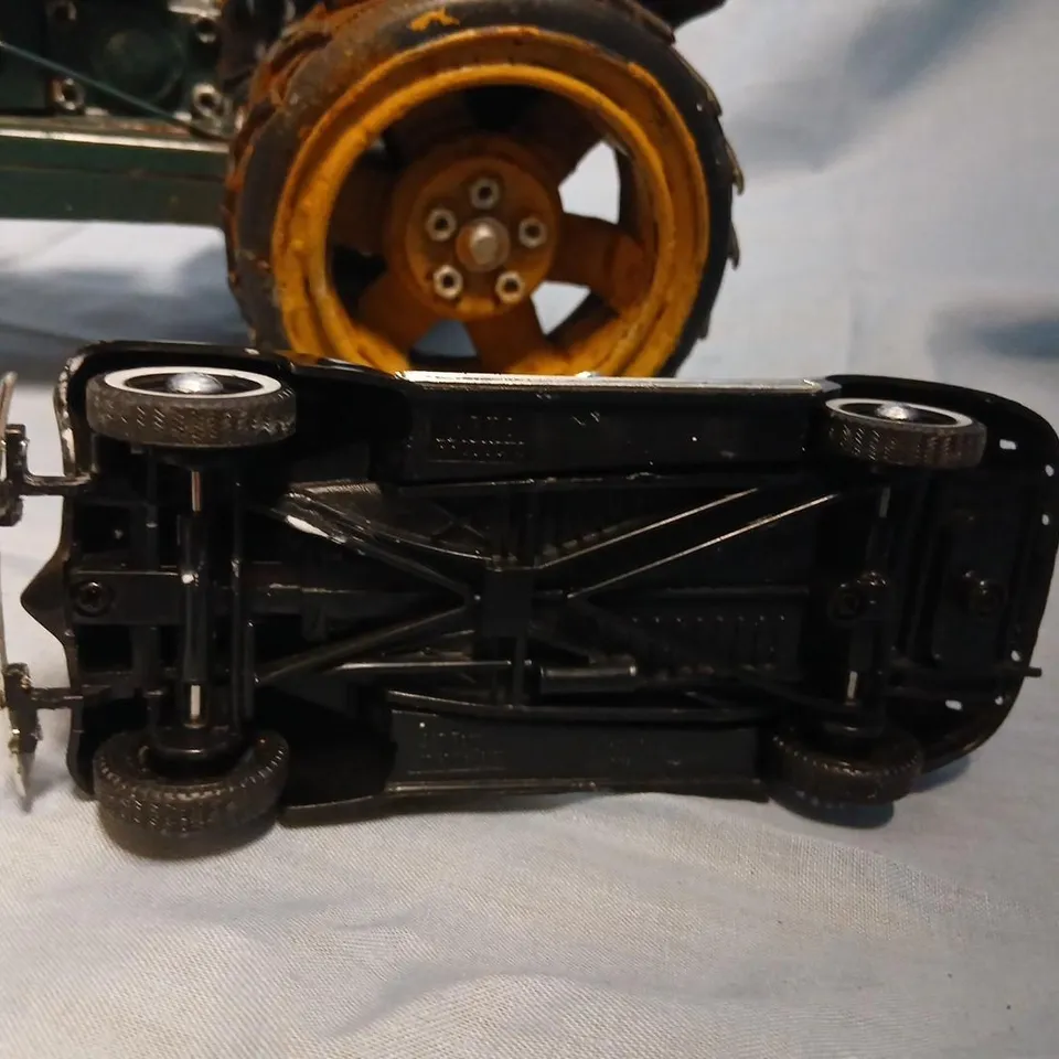 VINTAGE DIE-CAST METAL TOY VEHICLE TRIO: GREEN TRACTOR, ORANGE HOT ROD PICKUP & TEAL CONVERTIBLE