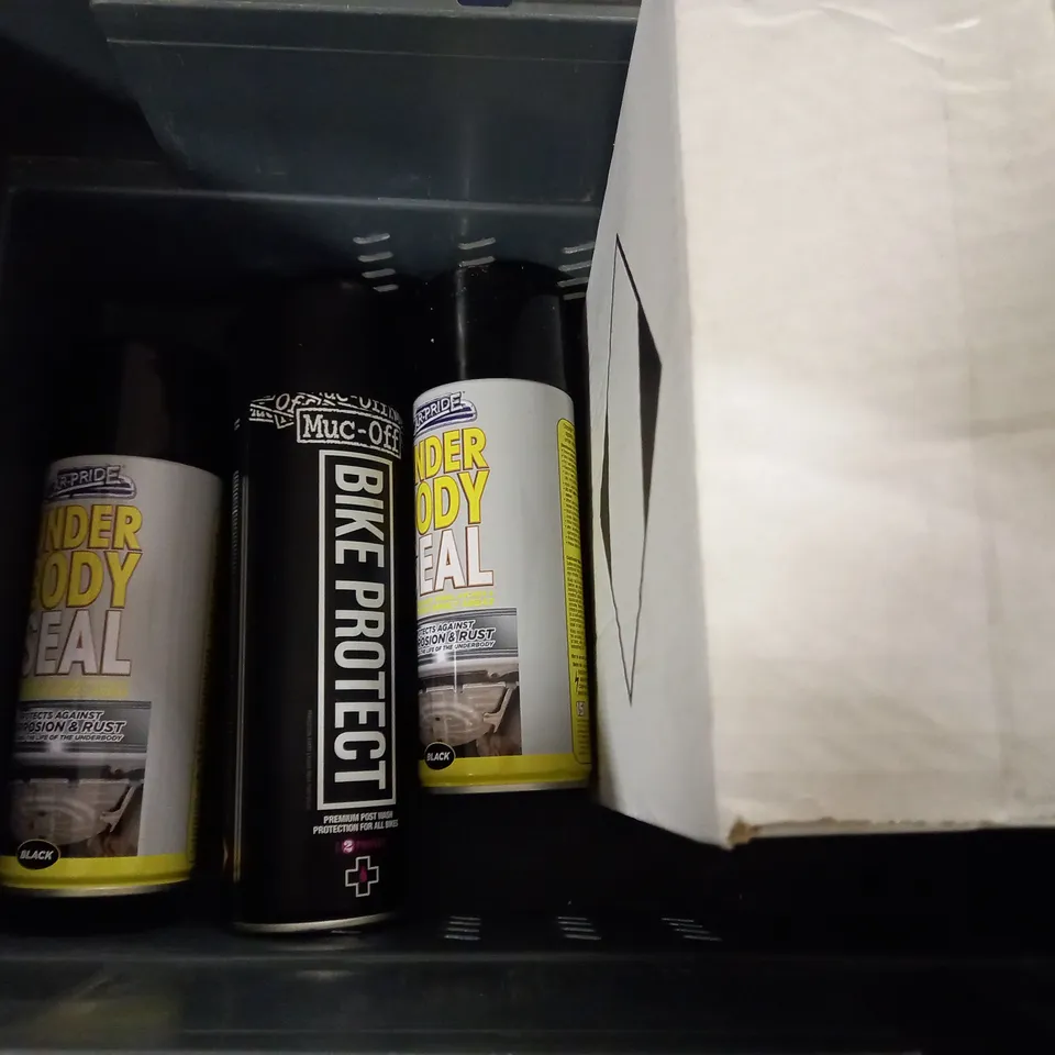 BOX OF APPROX 10 ASSORTED AEROSOLS INCLUDING CARPRIDE UNDER BODY SEAL, MUC-OFF BIKE PROTECT AND TURTLE WAX FRESH SHINE - COLLECTION ONLY