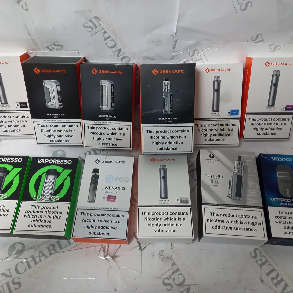 BOX OF APPROX 12 ASSORTED E-CIGARETTES TO INCLUDE - VOOPOO VINCI 3 - GEEK VAPE S100 - VAPORESSO LUXE QS