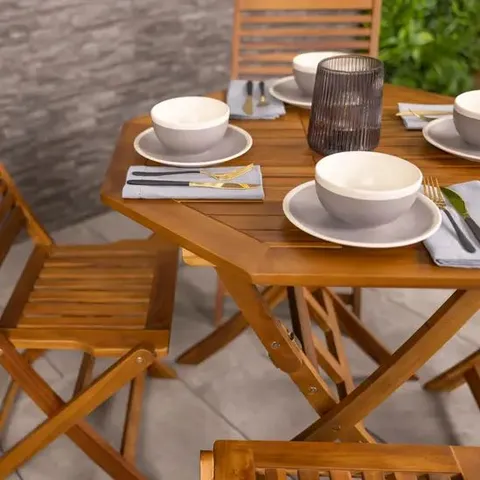BOXED CHARLES BENTLEY FSC ACACIA WOODEN OCTAGONAL TABLE & CHAIRS 5PC SET // DINING TABLE + 4 x CHAIRS (3 BOXES)