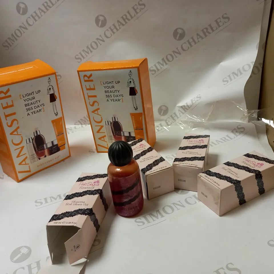 LOT OF APPROX 6 ASSORTED HEALTH AND BEAUTY PRODUCTS TO INCLUDE: AQUOLINA PINK SENSUAL SHIMMERING BATH & SHOWER GEL 100ML, LANCASTER DISCOVER KIT