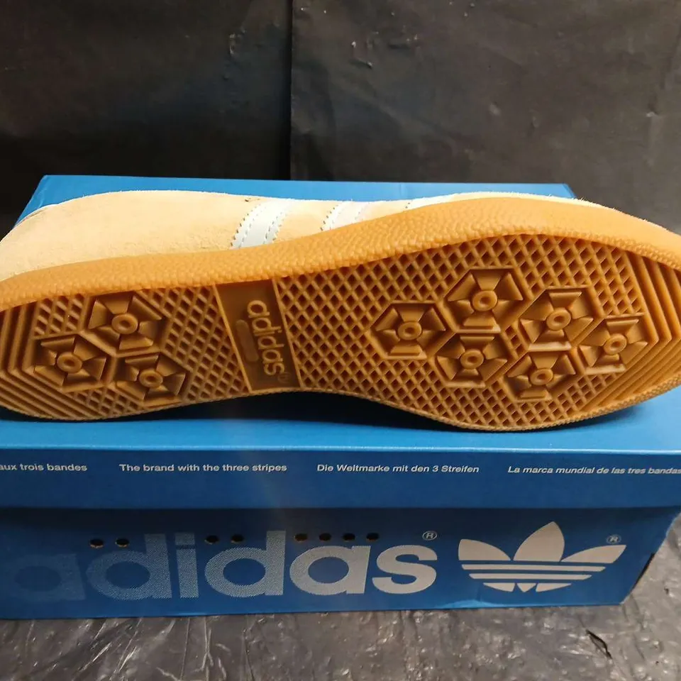 BOXED PAIR OF ADIDAS SUEDE TRAINERS WITH PASTEL STRIPES – BEIGE - UK SIZE 9.5