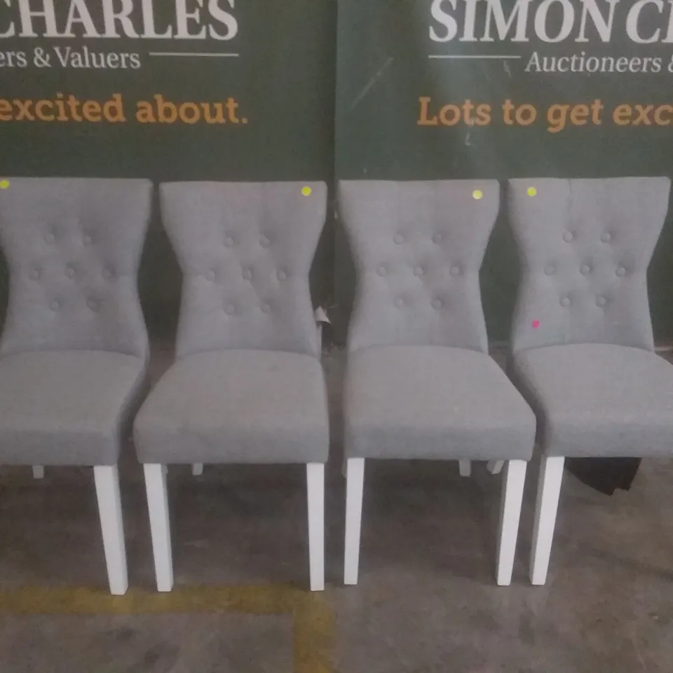 SET OF 4 BEWLEY LIGHT GREY FABRIC BUTTON BACK DINING CHAIRS (WHITE LEG)