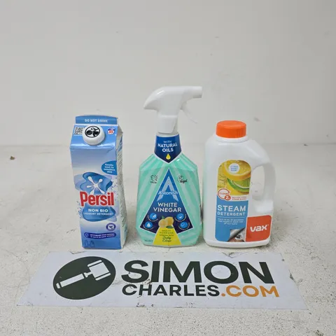 APPROXIMATELY 11 ASSORTED HOUSEHOLD LIQUIDS TO INCLUDE VAX STEAM DETERGENT, ASTONISH WHITE VINEGAR AND PERSIL NON BIO LAUNDRY DETERGENT