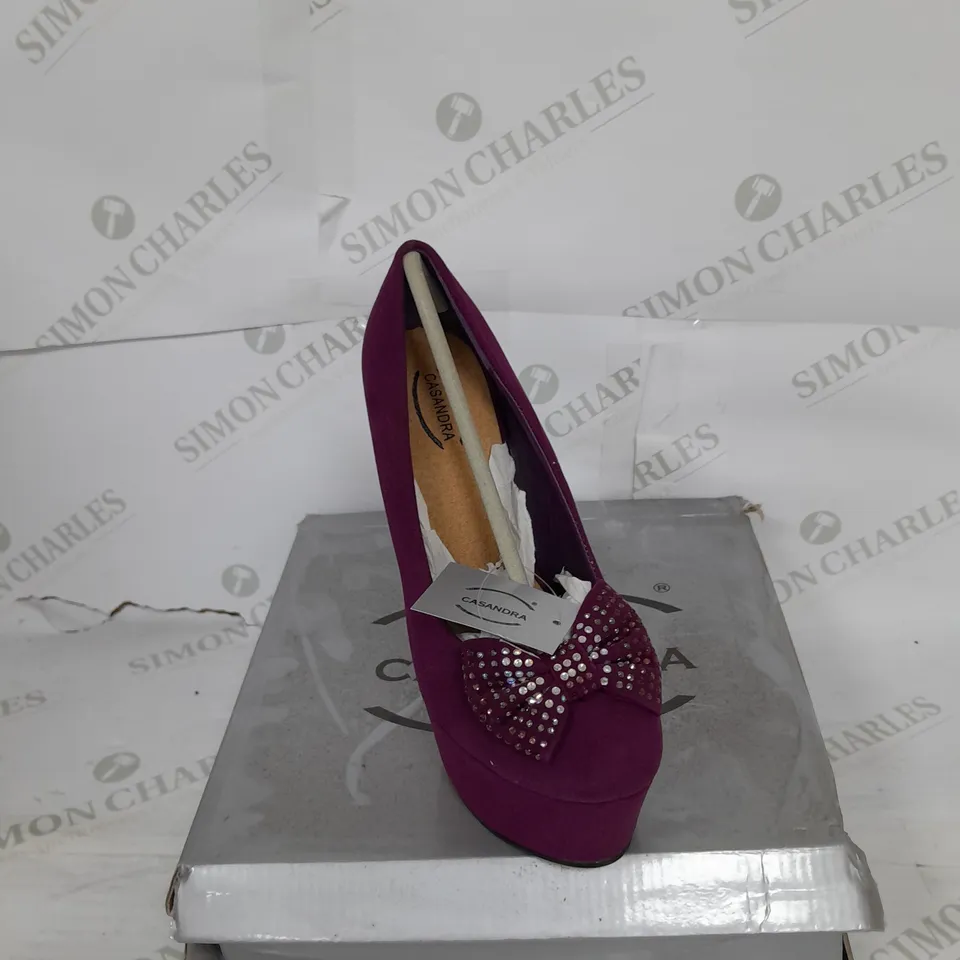 CASSANDRA PLATFORM STILLETO HEEL IN  PURPLE SUEDE WITH PHINESTONE BOW DETAIL SIZE 3