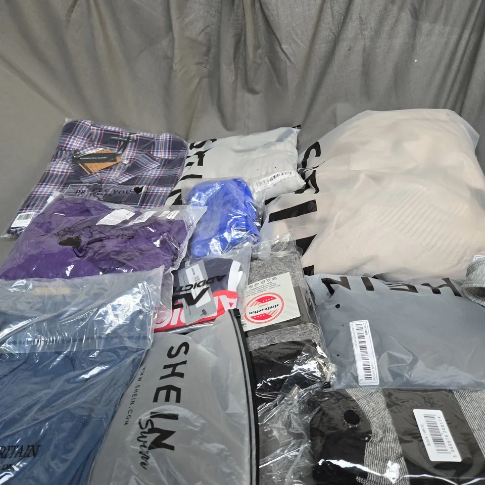 LARGE BOX OF ASSORTED CLOTHING ITEMS IN VARIOUS COLOURS, SIZES AND STYLES