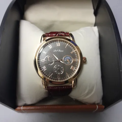 LA BANUS CHRONOGRAPH STAINLESS STEEL WATCH WITH BURGHUNDY LEATHER STRAP IN GIFT BOX