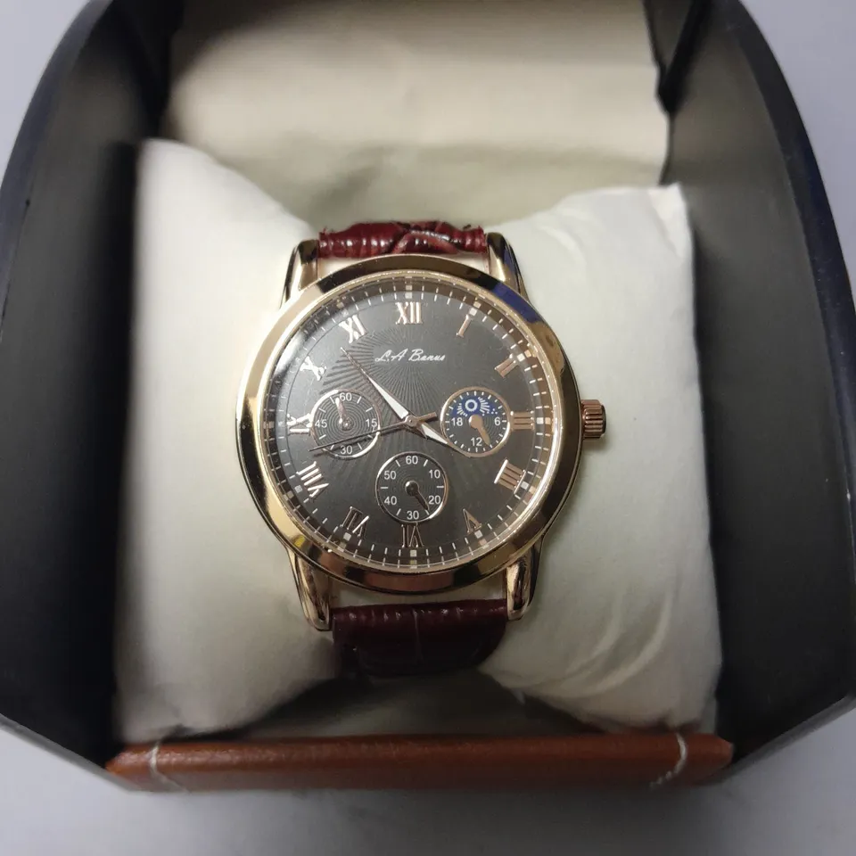 LA BANUS CHRONOGRAPH STAINLESS STEEL WATCH WITH BURGHUNDY LEATHER STRAP IN GIFT BOX