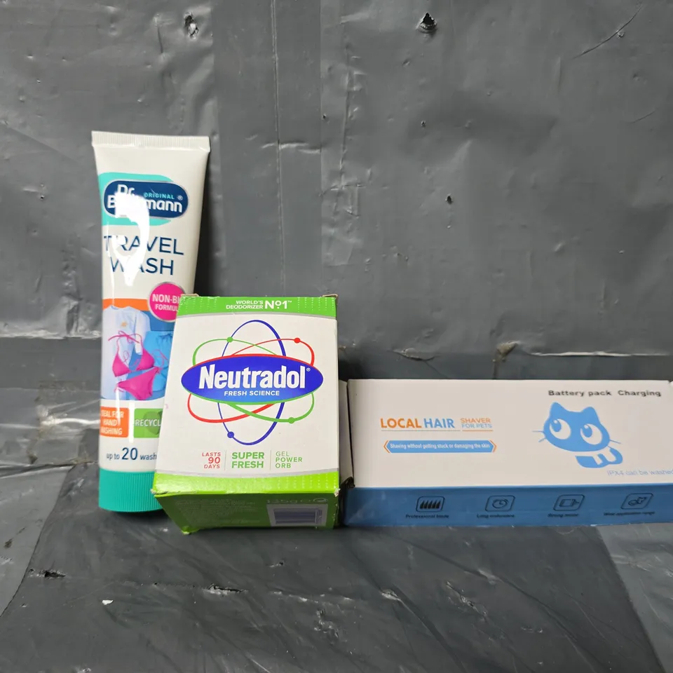 APPROXIMATELY 13 ASSORTED ITEMS TO INCLUDE - LOCAL HAIR SHAVER , NEUTRADOL SUPER FRESH , TRAVEL WASH ETC