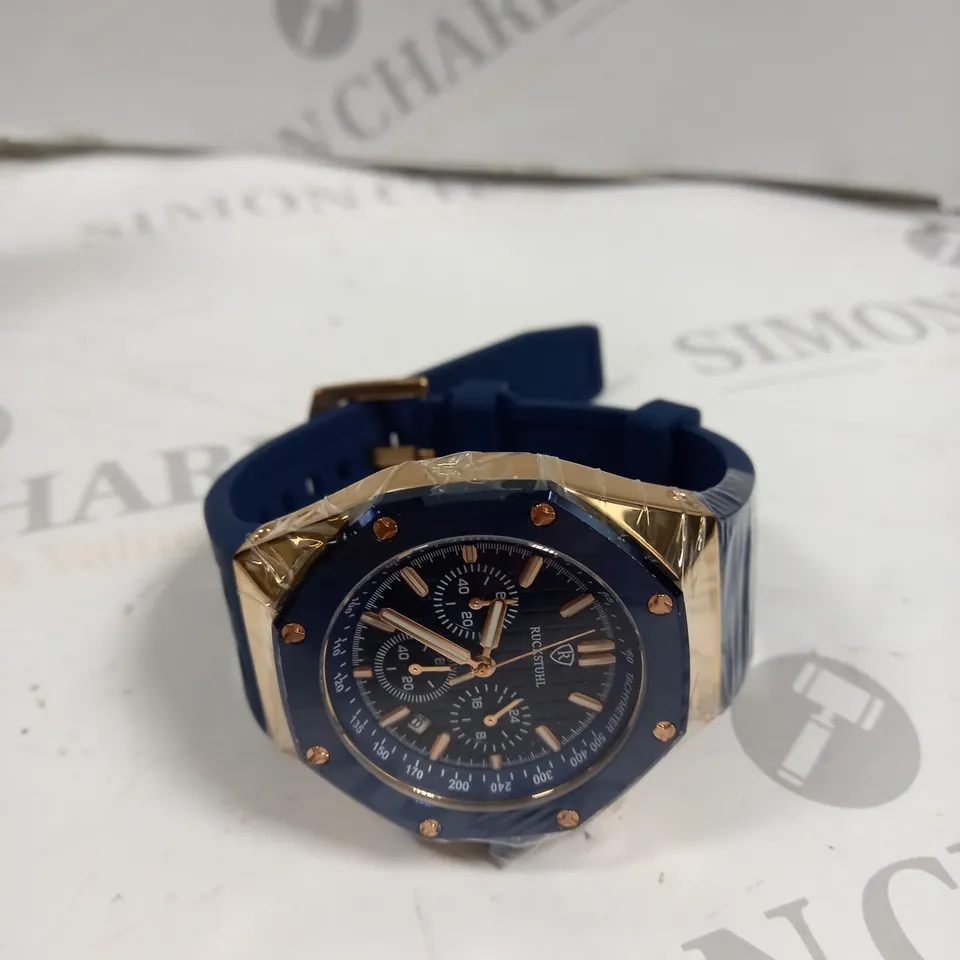 MEN’S RUCKSTUHL CHRONOGRAPH R500 WATCH – GOLD COLOUR CASE – BLUE DIAL – 3ATM WATER RESISTANT - RUBBER STRAP 