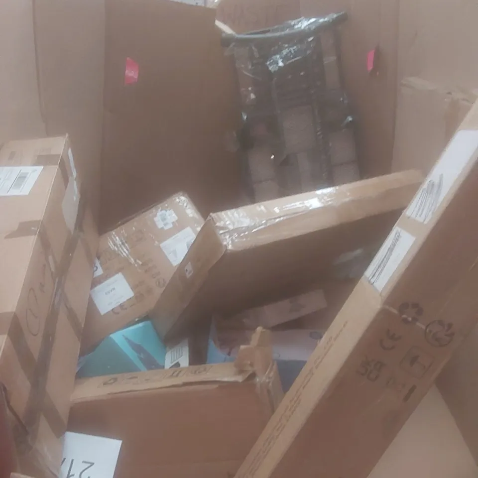 PALLET OF ASSORTED HOUSEHOLD GOODS AND PRODUCTS TO INCLUDE;  CLOTHES AIRER, IRONING BOARD, DOUBLE SIDE SIGN STAND, BOXED FURNITURE ETC 