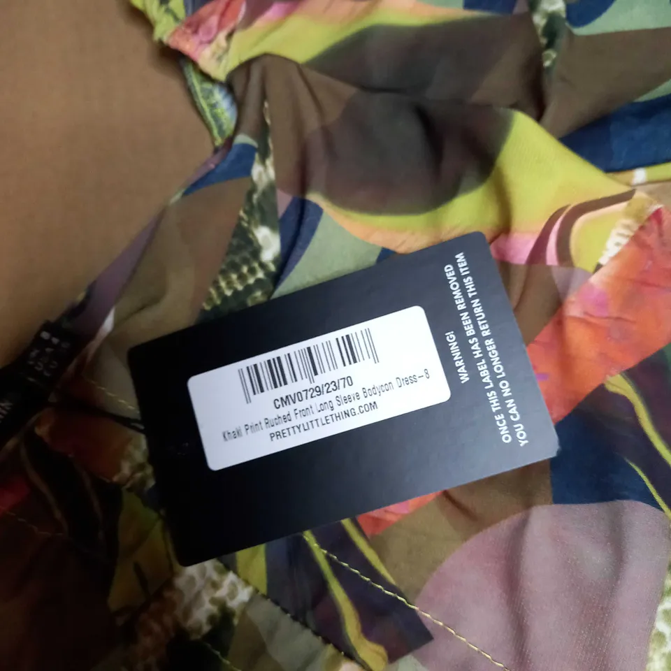 PRETTYLITTLETHING KHAKI PRINT RUCHED FONT LONG SLEEVE BODYCON DRESS - SIZE 8
