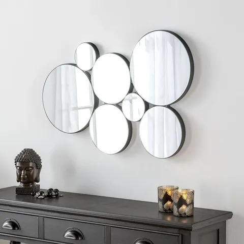BOXED KALIP ROUND WOOD FRAMED WALL MOUNTED ACCENT MIRROR IN BLACK 