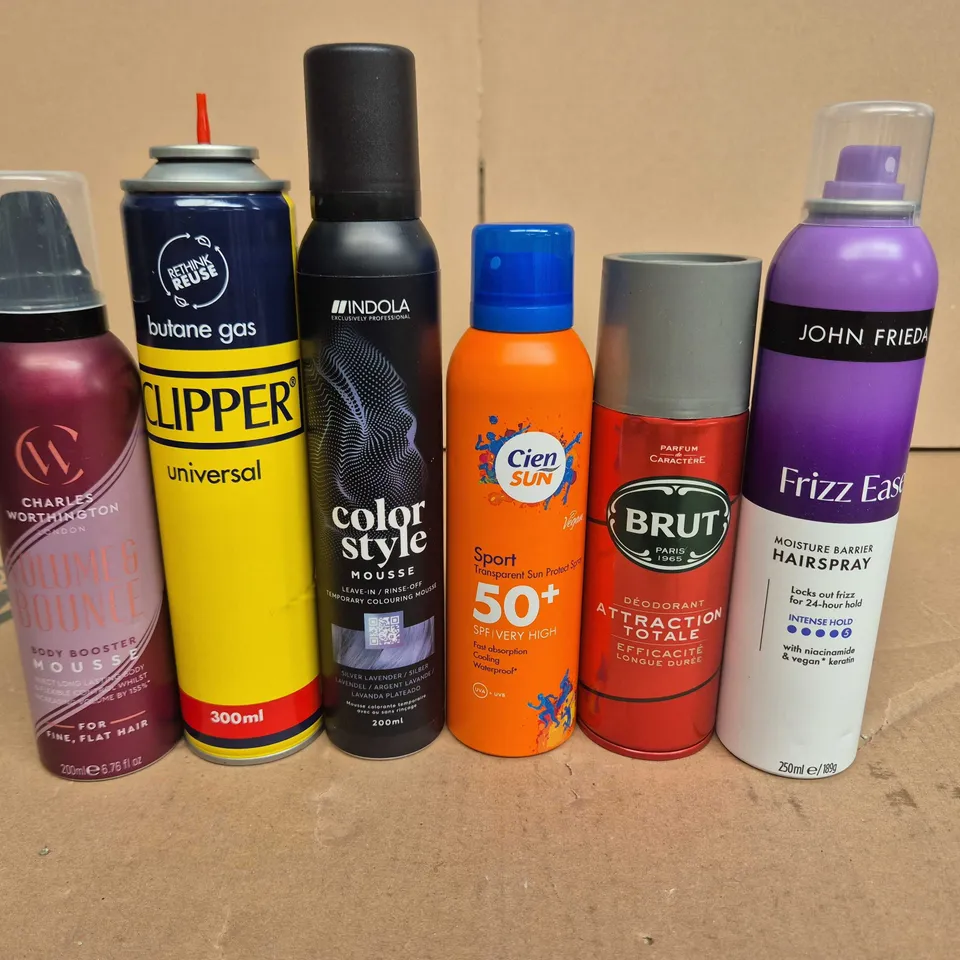APPROXIMATELY 15 ASSORTED AEROSOLS TO INCLUDE BRUT , JOHN FRIEDA AND CIEN SUN