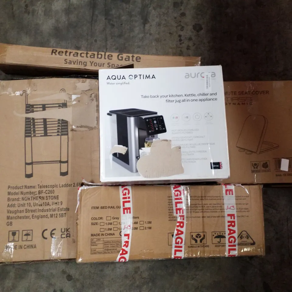 PALLET OF ASSORTED PRODUCTS INCLUDING TELESCOPIC LADDER 2.6M, BED RAIL GUARD, TOILET SEAT, RETRACTABLE GATE, AURORA AQUA OPTIMA