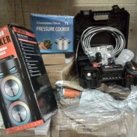 PALLET CONTAINING APPROXIMATELY 20 ASSORTED HOUSEHOLD PRODUCTS INCLUDING, AREA RUG, MULTIMEDIA SPEAKER SYSTEM, PRESSURE COOKER, PORTABLE PRESSURE WASHER ECT.