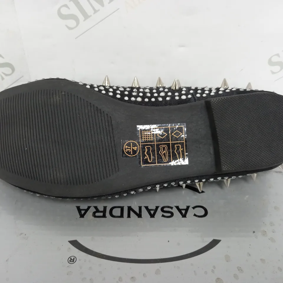 FLAT HEELED BLACK SATIN SPIKEY SHOE SIZE 4
