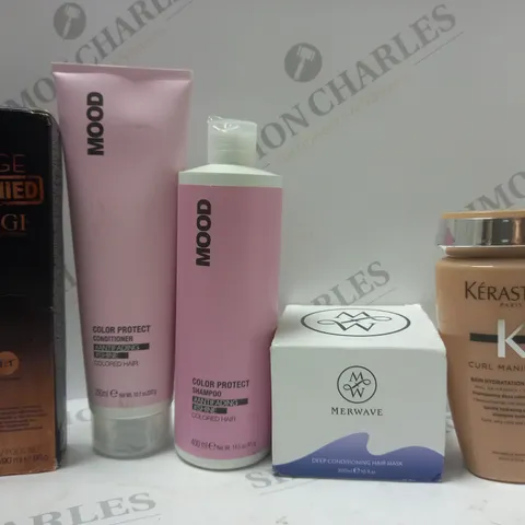 BOX OF 5 ASSORTED HAIRCARE PRODUCTS TO INCLUDE MOOD COLOR PROTECT CONDITIONER, MERWAVE DEEP CONDITIONING MASK, KERASTASE SHAMPOO, ETC