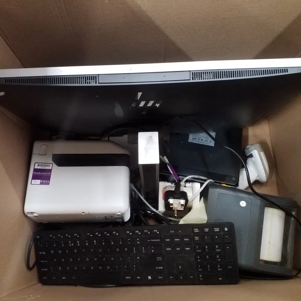 PALLET CONTAINING ASSORTED TECH INCLUDING MONITORS, KEYBOARDS, LABEL PRINTER, MICE & ELECTRIC SCALE 