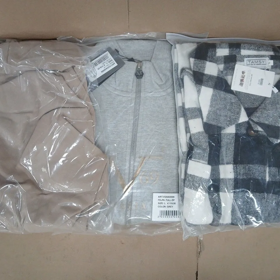 BOX OF APPROXIMATELY 20 ASSORTED CLOTHING ITEMS IN VARIOUS COLOURS, STYLES, AND SIZES - COLLECTION ONLY