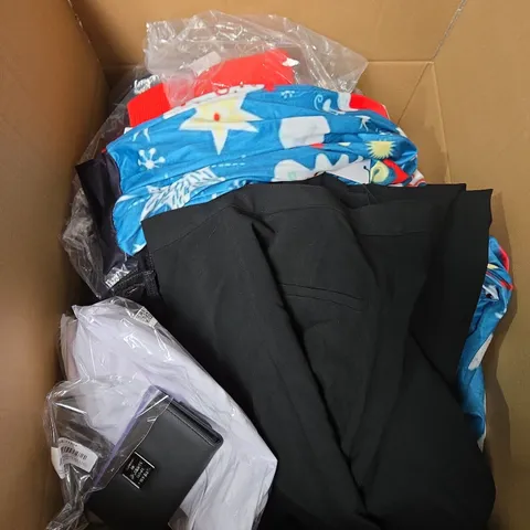 LARGE BOX OF ASSORTED CLOTHING ITEMS IN VARIOUS SIZES, STYLES AND COLOUR 