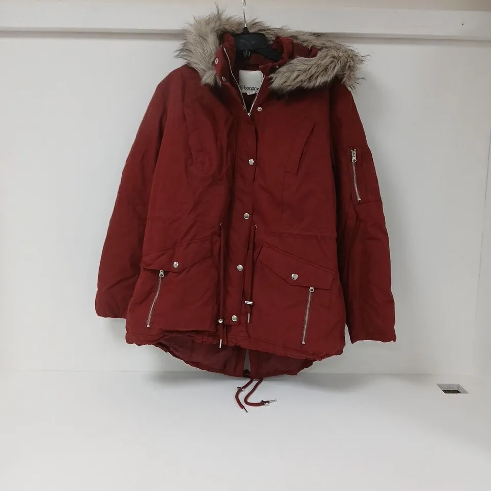 BONPRIX RED PARKA JACKET WITH FAUX FUR HOOD - UK 24